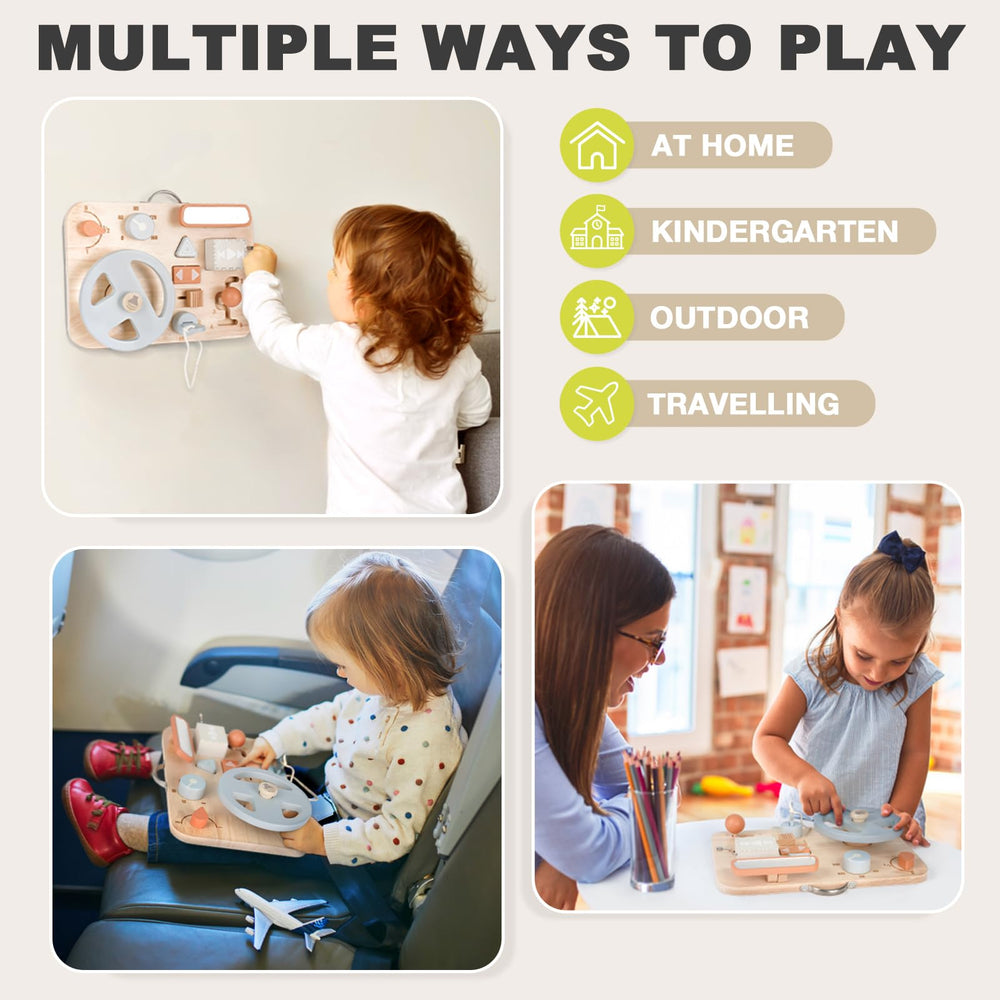 Vanplay Montessori Busy Board horn button adds interactive sound for focused play