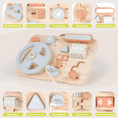 Vanplay Montessori Busy Board steering wheel action encourages turn-and-grip exploration on the go