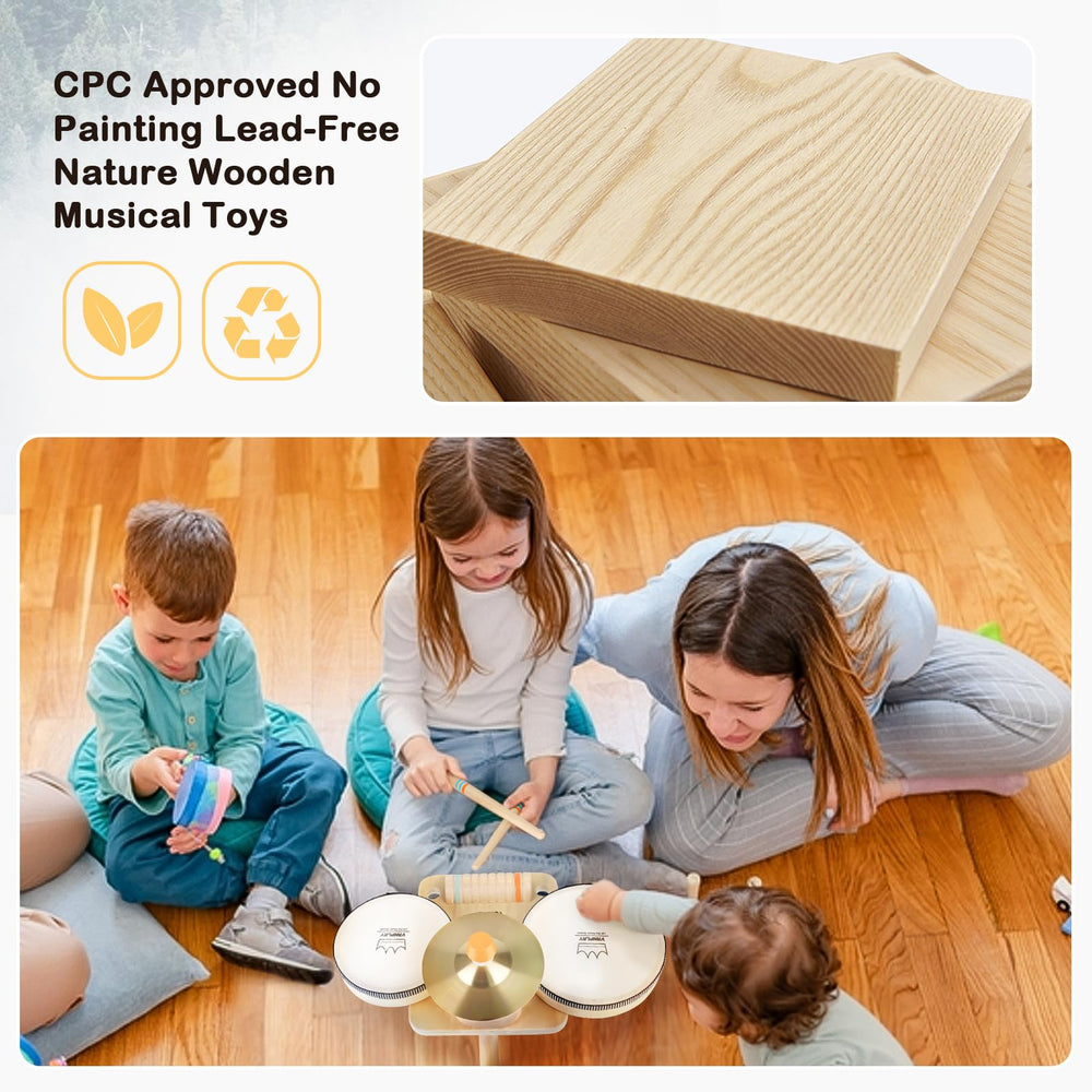 Vanplay side view of the accessible wooden drum set for coordinated play