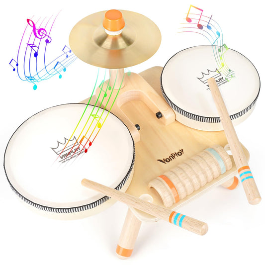 Vanplay Toddler Drum Set 5-in-1 wooden front view showing multiple instruments for rhythmic exploration