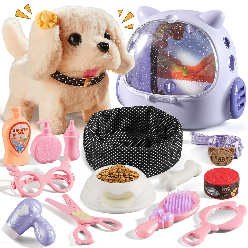 Vanvimen robot dog toy with backpack enabling portable pretend play for kids.