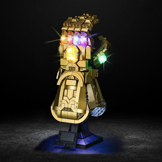Vaodest LED light for LEGO 76191 setup illuminates the gauntlet for display.