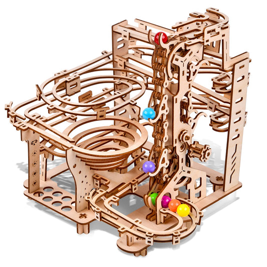 Varbertos 3D wooden puzzle marble run with gear-powered action for STEM play.