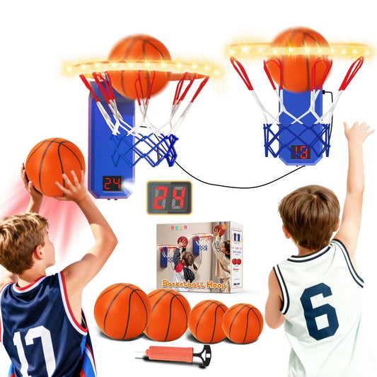 VATOS basketball hoop toy in stage mode offers solo practice and timed challenges.