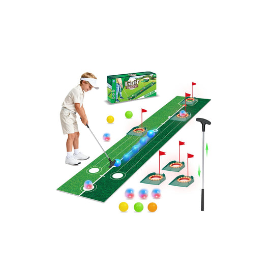 VATOS golf putting set glow mat lights up for easy nighttime practice indoors.