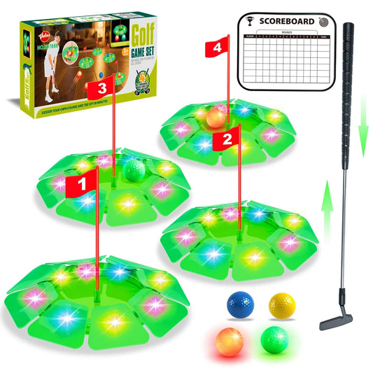 VATOS light-up golf putting set with four glow holes for easy target spotting.