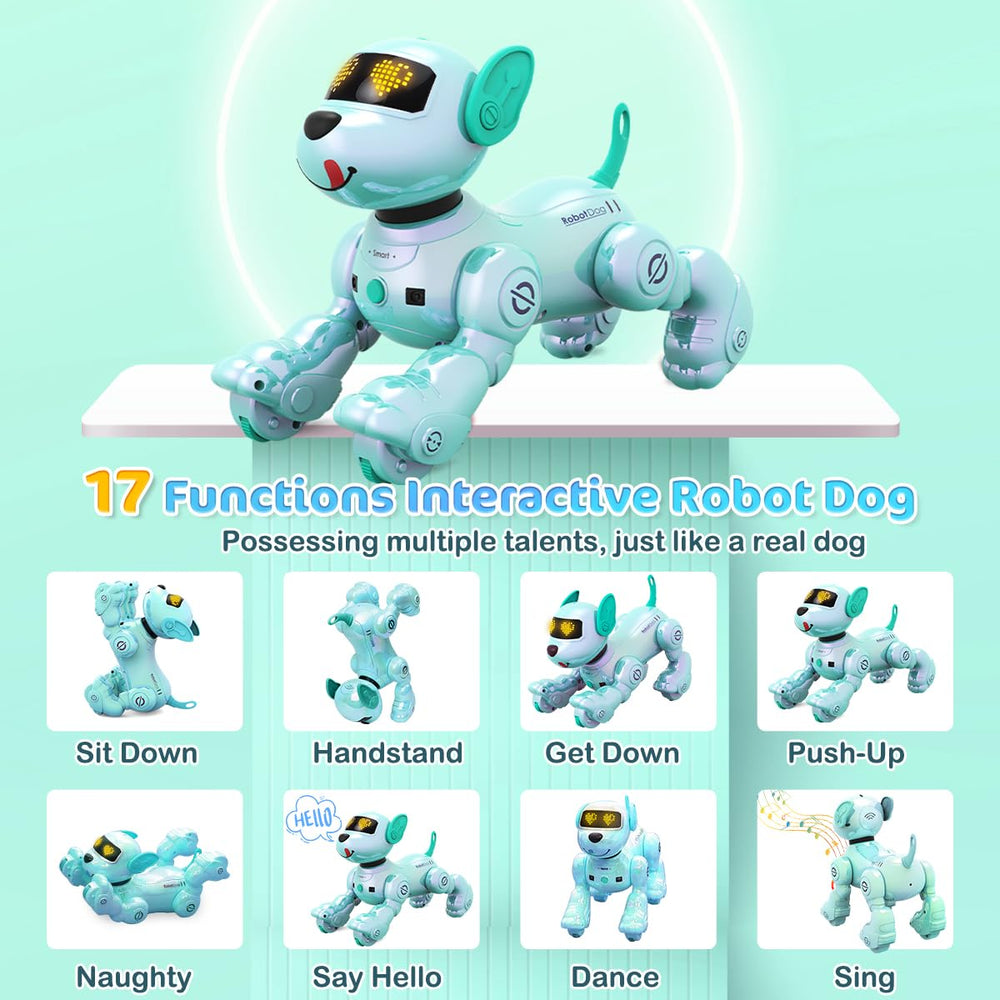 VATOS robot dog blue dancing pose demonstrates 17-function versatility.