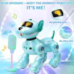 VATOS robot dog blue side profile shows kid-friendly size for interactive games.