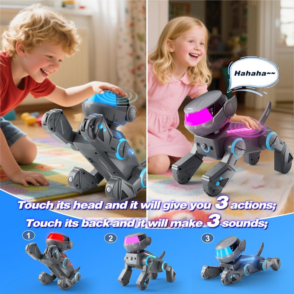 VATOS robot dog responds to touch with playful reactions.