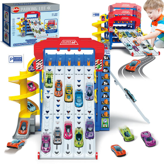 VATOS sliding track car on the top-level slide for fast-paced racing and imagination