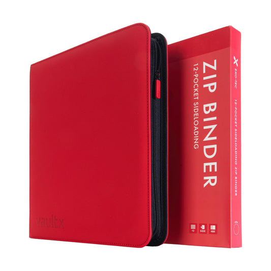 Vault X 12-pocket red binder front view showcases Exo-Tec cover for durable storage.