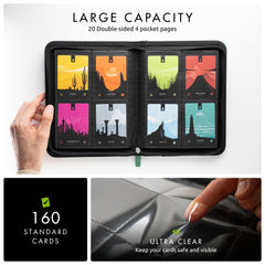 Binder opened to 20 double-sided pages with 4 pockets per page.