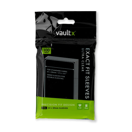 Vault X front packaging showing 100 clear exact-fit inner sleeves and benefits