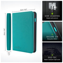Vault X teal zip binder side view highlights slim profile and sturdy construction.