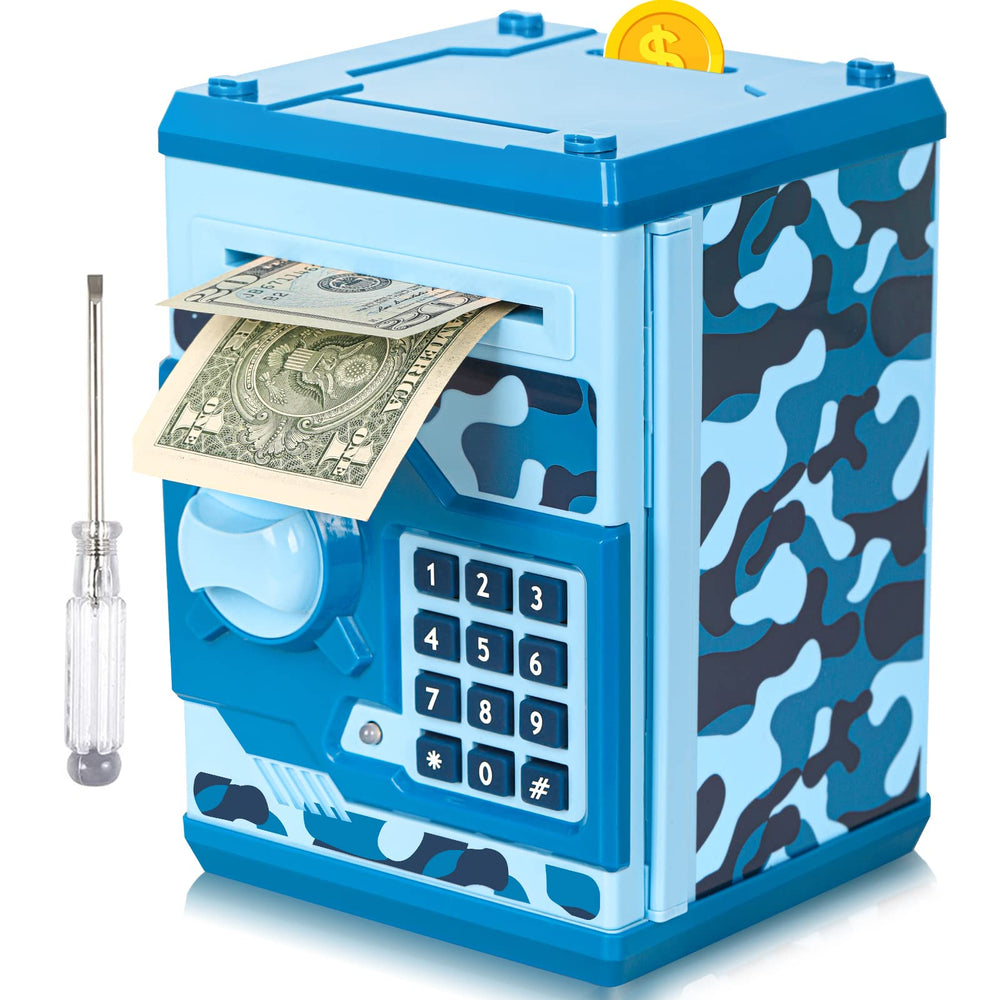 Vcertcpl ATM piggy bank camouflage blue front view, ideal for kids to store coins securely.