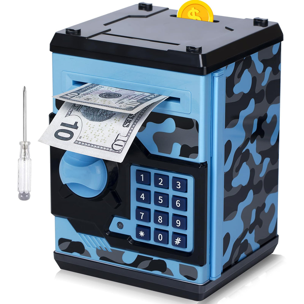 Vcertcpl ATM piggy bank camouflage bluegray front view showing secure savings for kids