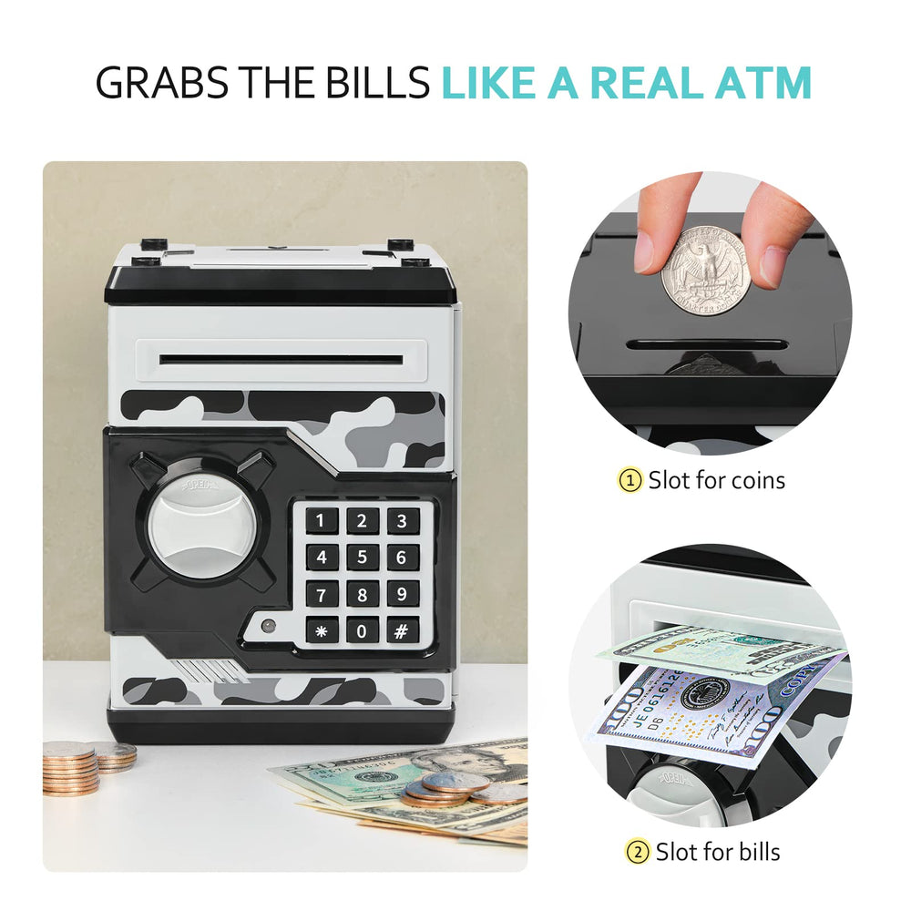 Vcertcpl ATM Piggy Bank camouflage gray ABS material ensures durability.