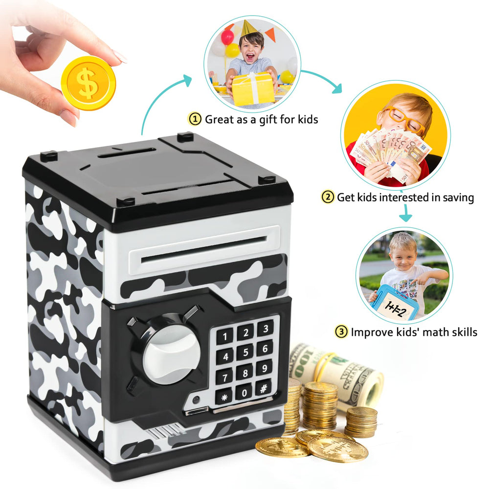 Vcertcpl ATM Piggy Bank camouflage gray bill slot enables convenient cash saving.
