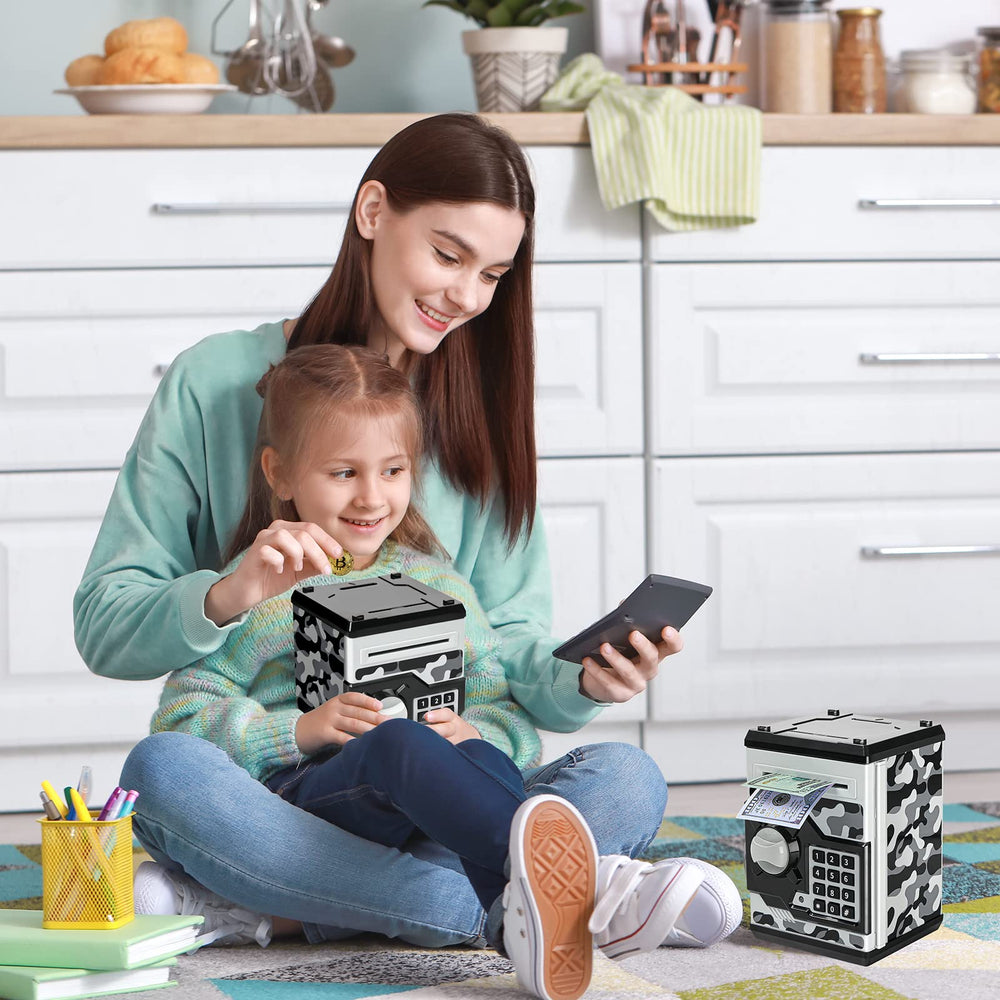 Vcertcpl ATM Piggy Bank camouflage gray open door for quick access.