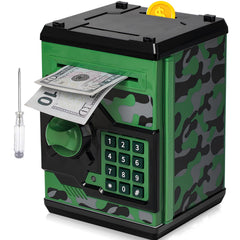Vcertcpl ATM piggy bank camouflage green-gray front view for secure kid savings.