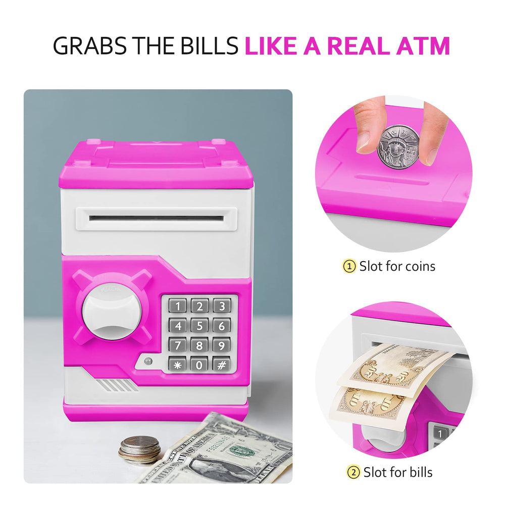 Coin slot area emphasizes compatibility with diverse US coins for kids to save.