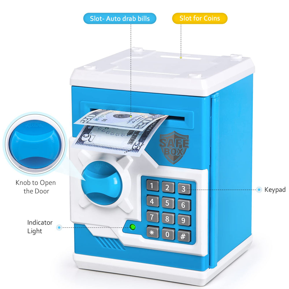 Vcertcpl piggy bank blue-white coin slot makes easy daily savings for kids.