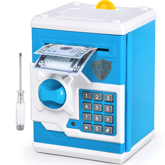 Vcertcpl mini ATM piggy bank blue-white front view, ideal for kid-friendly money saving.