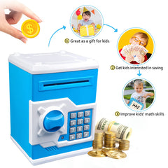 Vcertcpl mini ATM piggy bank blue-white safe-like look encourages responsibility.