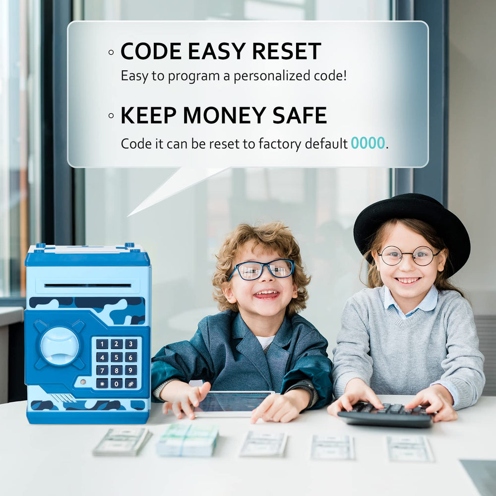 Vcertcpl piggy bank four-digit code panel showing secure access for kids’ savings.