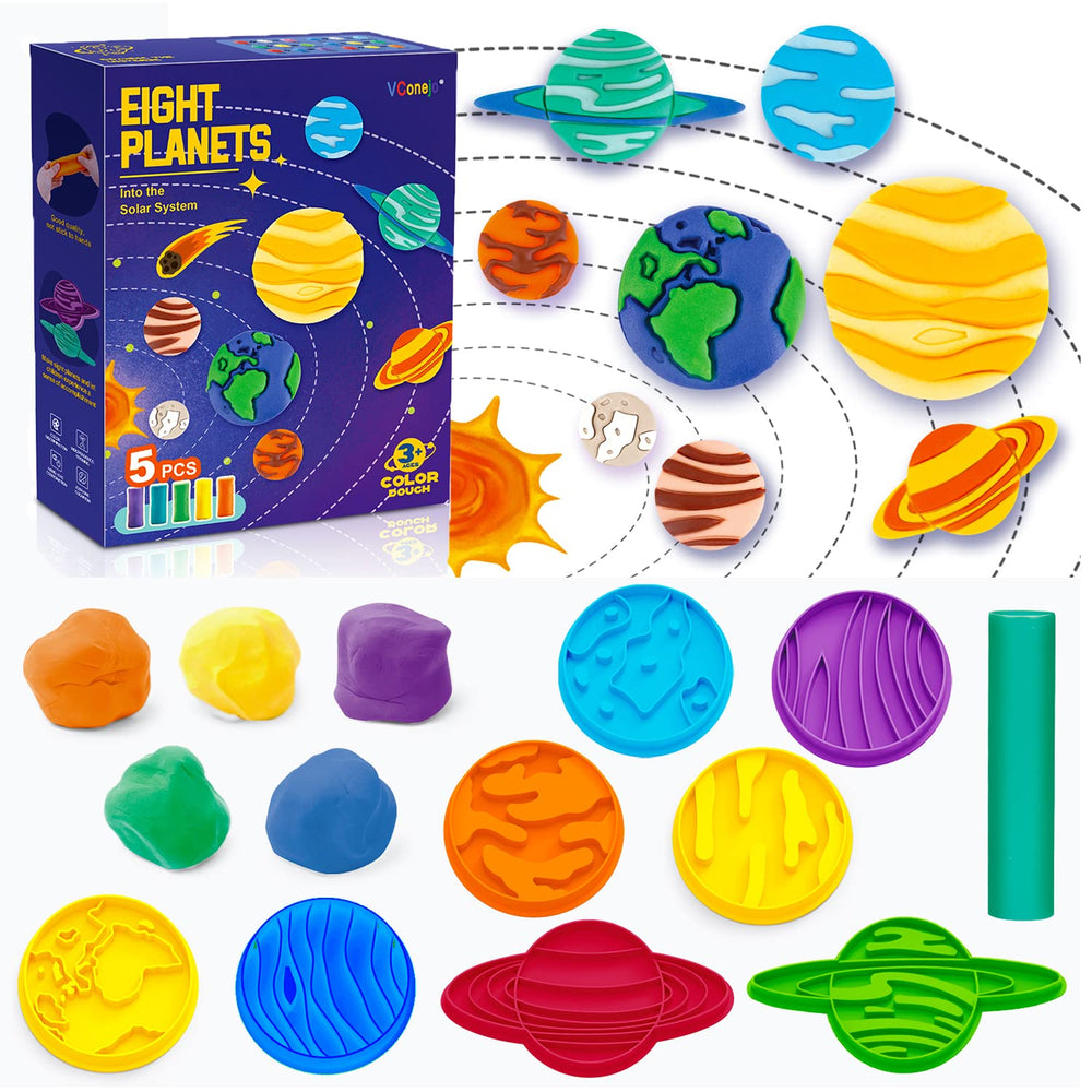 VConejo color dough planets set with rolling tool for creative play and fine motor practice.