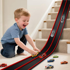 Vcsaq 15ft unrolled floor track enables imaginative racing layouts.