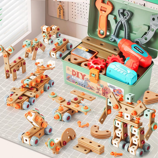 VEAIS Kids tool set with drill and 155 pieces for imaginative STEM play.
