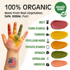 Close-up of Veggie Baby paints showing vibrant mixable colors for creative play.