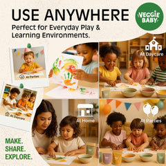 Preschool classroom setup using Veggie Baby paints for collaborative art.