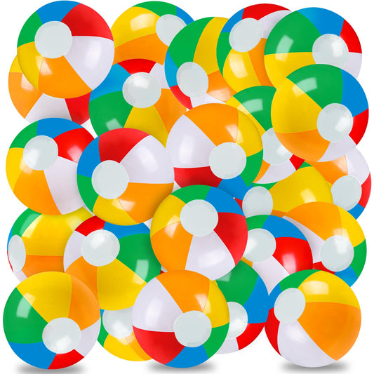 Vellibring 24-pack rainbow inflatable balls ready for summer pool games.