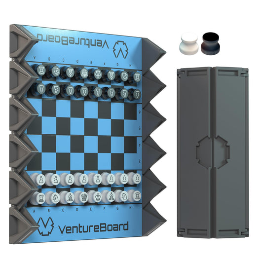 VentureBoard rolling chess set in blue-grey, ready for quick travel play.