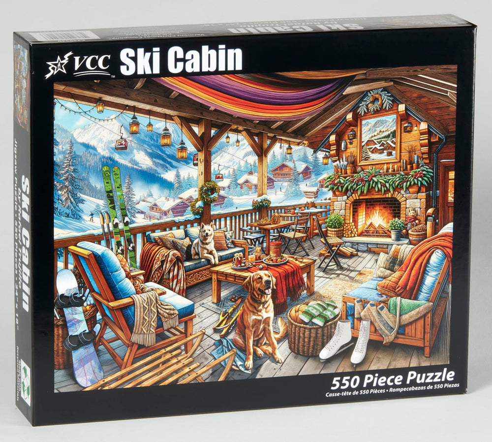 Vermont Christmas Company ski cabin puzzle shows interlocking pieces for satisfying assembly