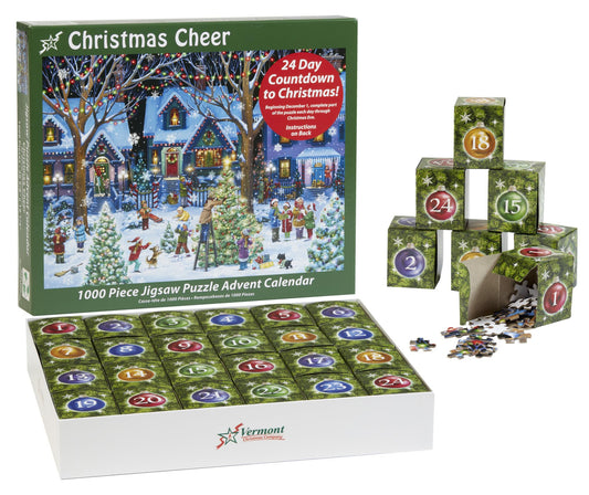 Vermont Christmas Company Advent Calendar Jigsaw Puzzle cover, ideal holiday centerpiece for family evenings.