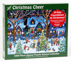 Family gathered around the Advent Calendar puzzle setup by Vermont Christmas Company.