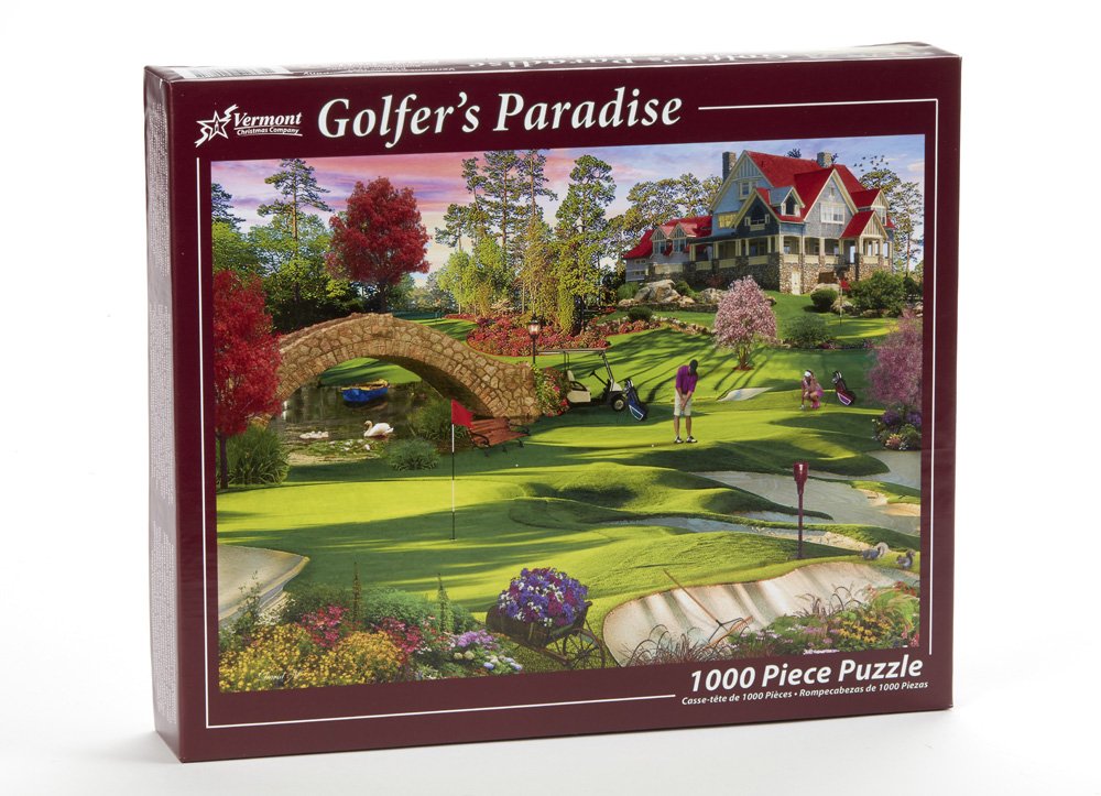 Vermont Christmas Company Golfer Paradise puzzle box displays golf-themed art, ideal for golf lovers