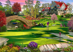 Vermont Christmas Company Golfer Paradise puzzle front cover showing vibrant golf course artwork for family night