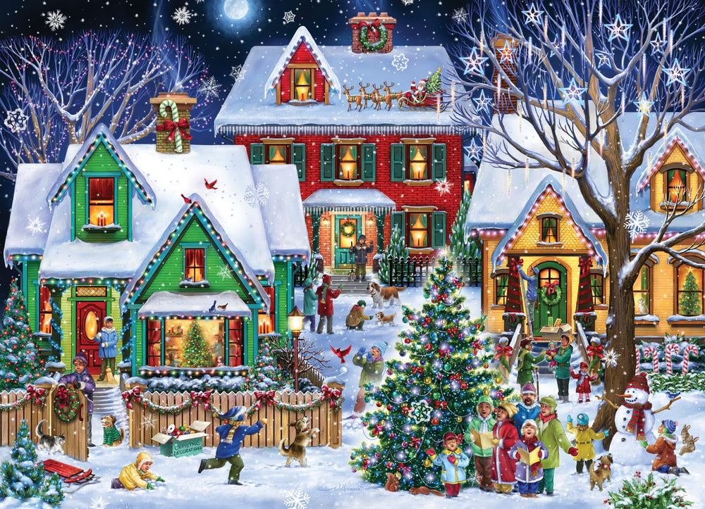 Vermont Christmas Company Neighborhood 1000-piece puzzle displays the full image for family enjoyment.
