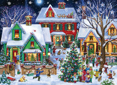 Vermont Christmas Company Neighborhood 1000-piece puzzle displays the full image for family enjoyment.