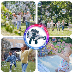 VERSDITAS bubble gun outdoors at a party creating lively bubbles for guests.