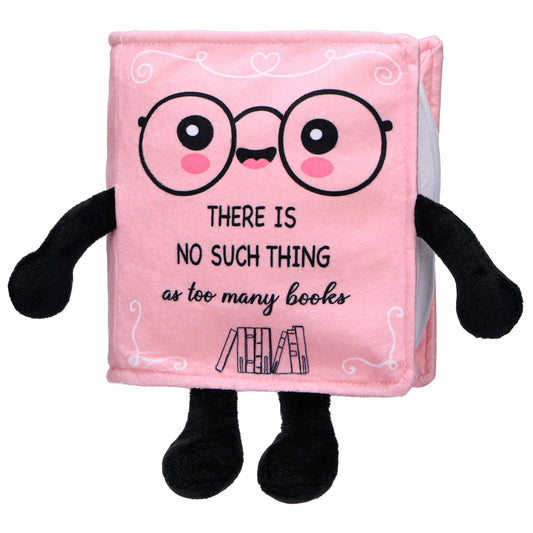 Vertintong Valentine book plushies in pink sit on a bookshelf, evoking a cozy reading vibe.