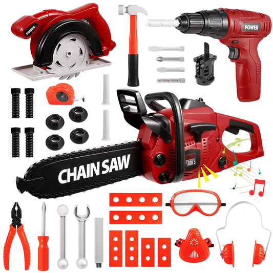 Vextronic Kids Tool Set chainsaw in action with safety-friendly soft chain for toddlers