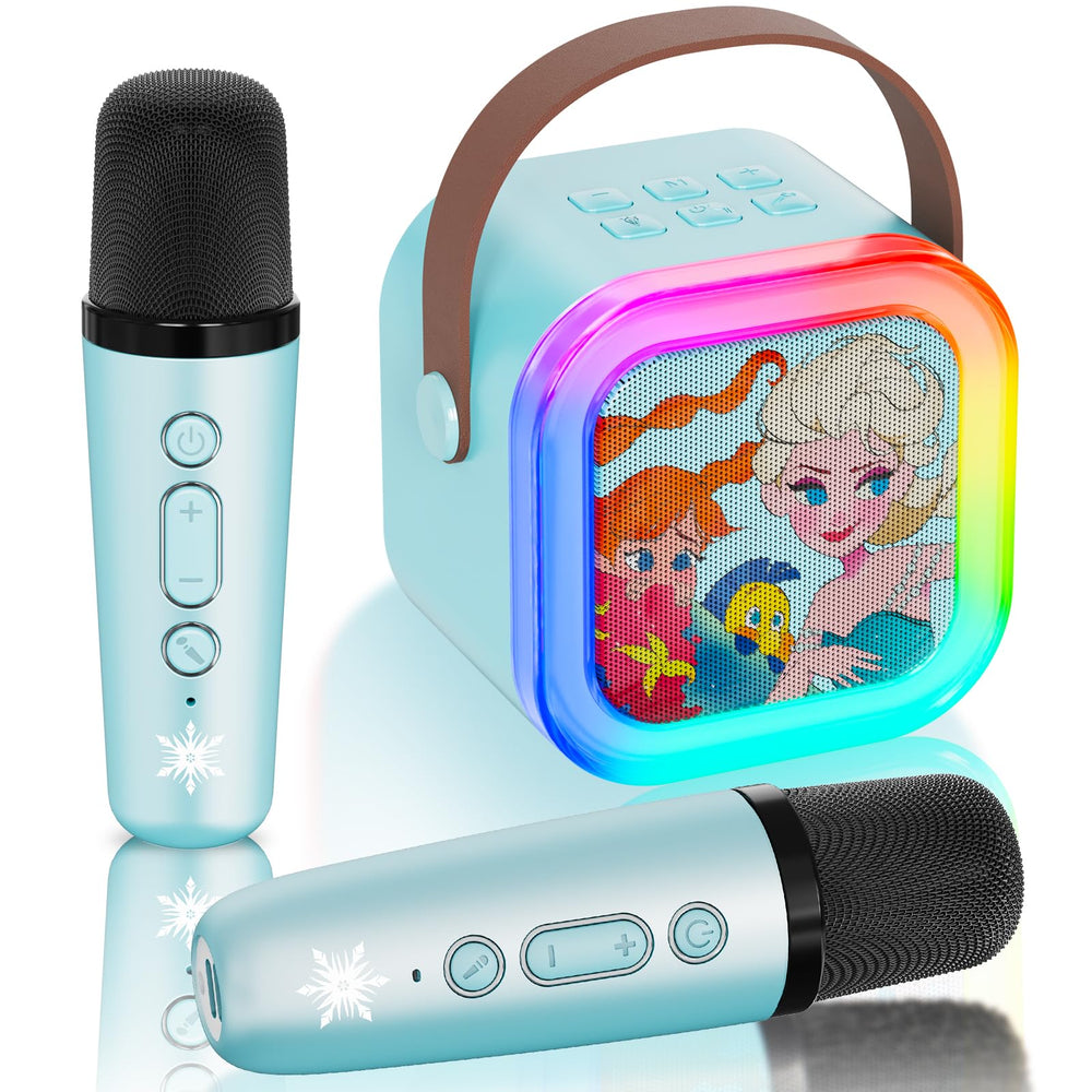 VibeHaven Frozen karaoke machine front view with two mics for kids' duet sessions.