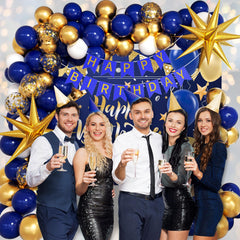 Vicduotex blue-gold happy birthday banner guides guests and photos.