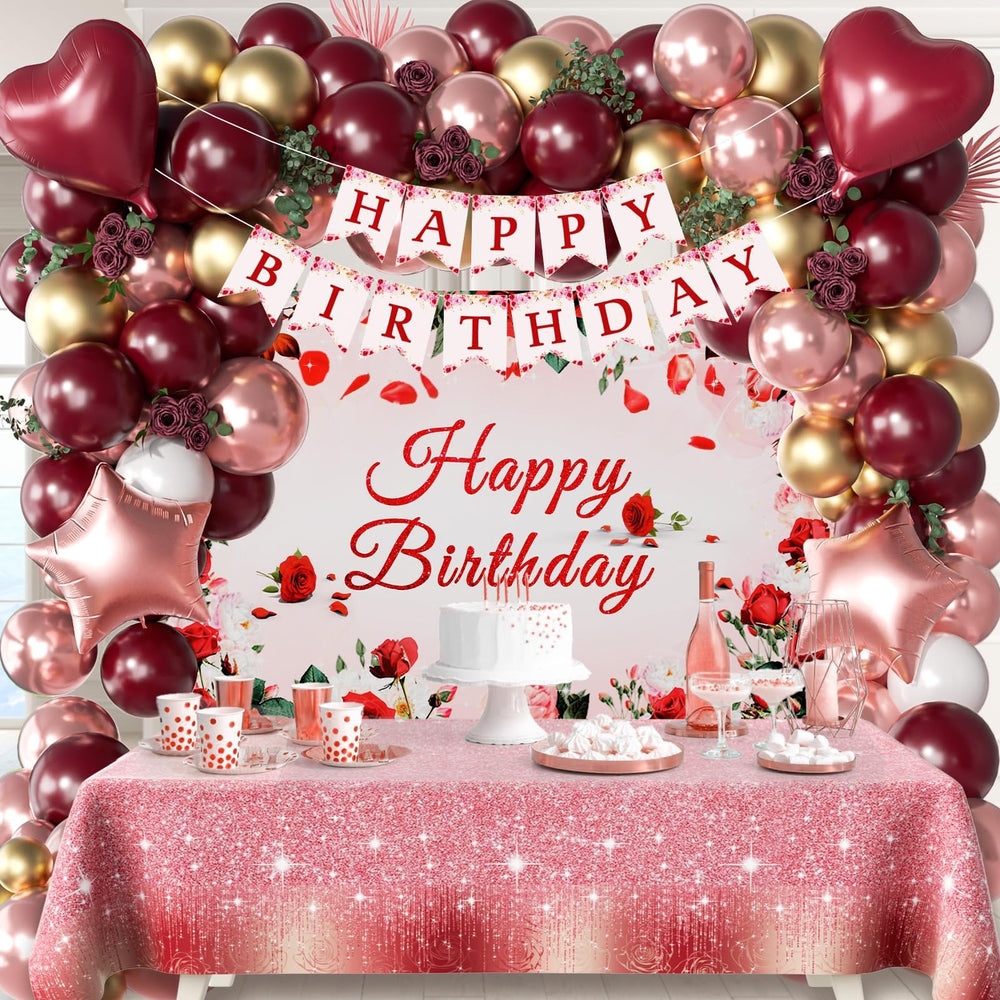 Vicduotex burgundy happy birthday banner ties the theme together.