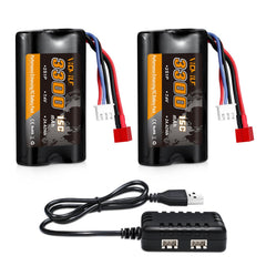 VICMILE 3300mAh 2S T-plug front view powering WLtoys RC cars for longer sessions